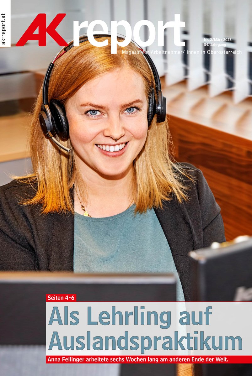 Der neue #AKReport ist ab heute in deinem Postkasten 📬! Viel Spaß beim Lesen.👉ak-report.at

In der akt. Ausgabe geht es u.a. um diese Themen:
👨‍🔧 Lehrlinge auf Auslandspraktikum
🤷‍♀️ Berufswahl mit 14
🤩 Gewinnspiele und viele spannende Geschichten von AK-Mitgliedern