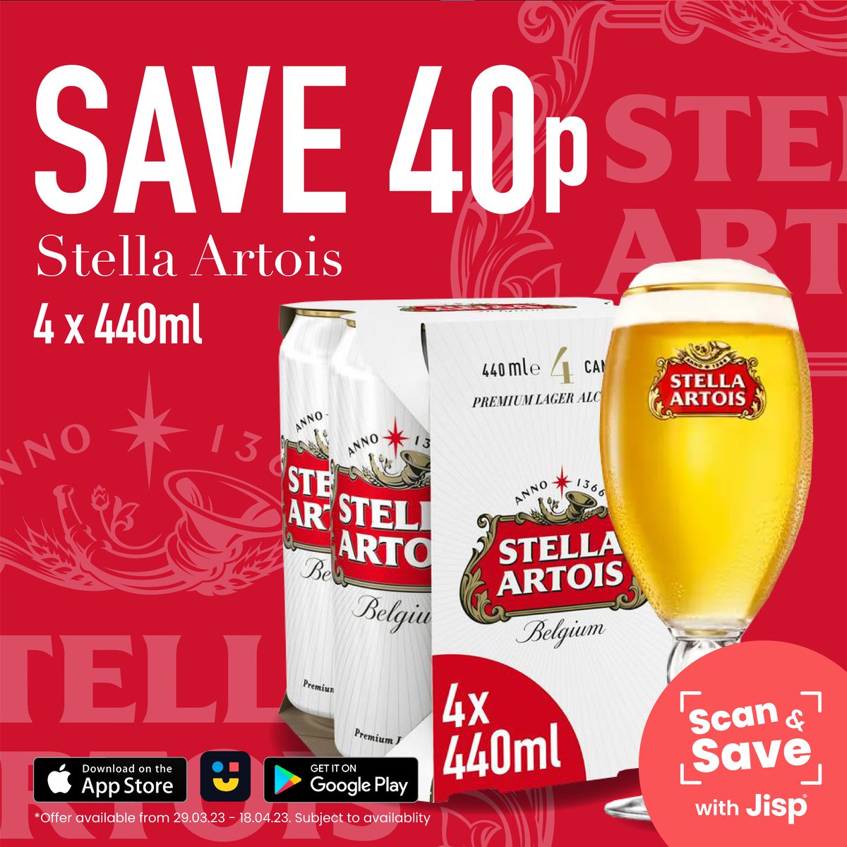NisaSalisbury's tweet image. With #JispScanAndSave you can get 40p off of this 4 pack of #StellaArtois, a great way to start your weekend! Unlock this deal and many more with the #FREE @jispapp Scan &amp;amp; Save App today!