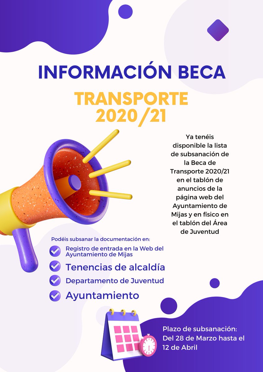⚠¡ATENCIÓN!⚠

📃Ya podéis aportar la documentación para subsanar la Beca de Transporte 2020/21.

📅Disponible desde el 28 de Marzo hasta el 12 de Abril.