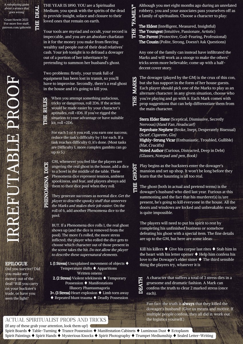 gshowitt's tweet photo. IRREFUTABLE PROOF: an RPG about fake necromancers in a very real necromancy situation. 

Will you convince the dowager to part ways with her inheritance? More importantly: will you survive the fatal attentions of her late husband?

PDFs and text-only here: https://t.co/g2wRNbrFZu https://t.co/FcDlPKO40z