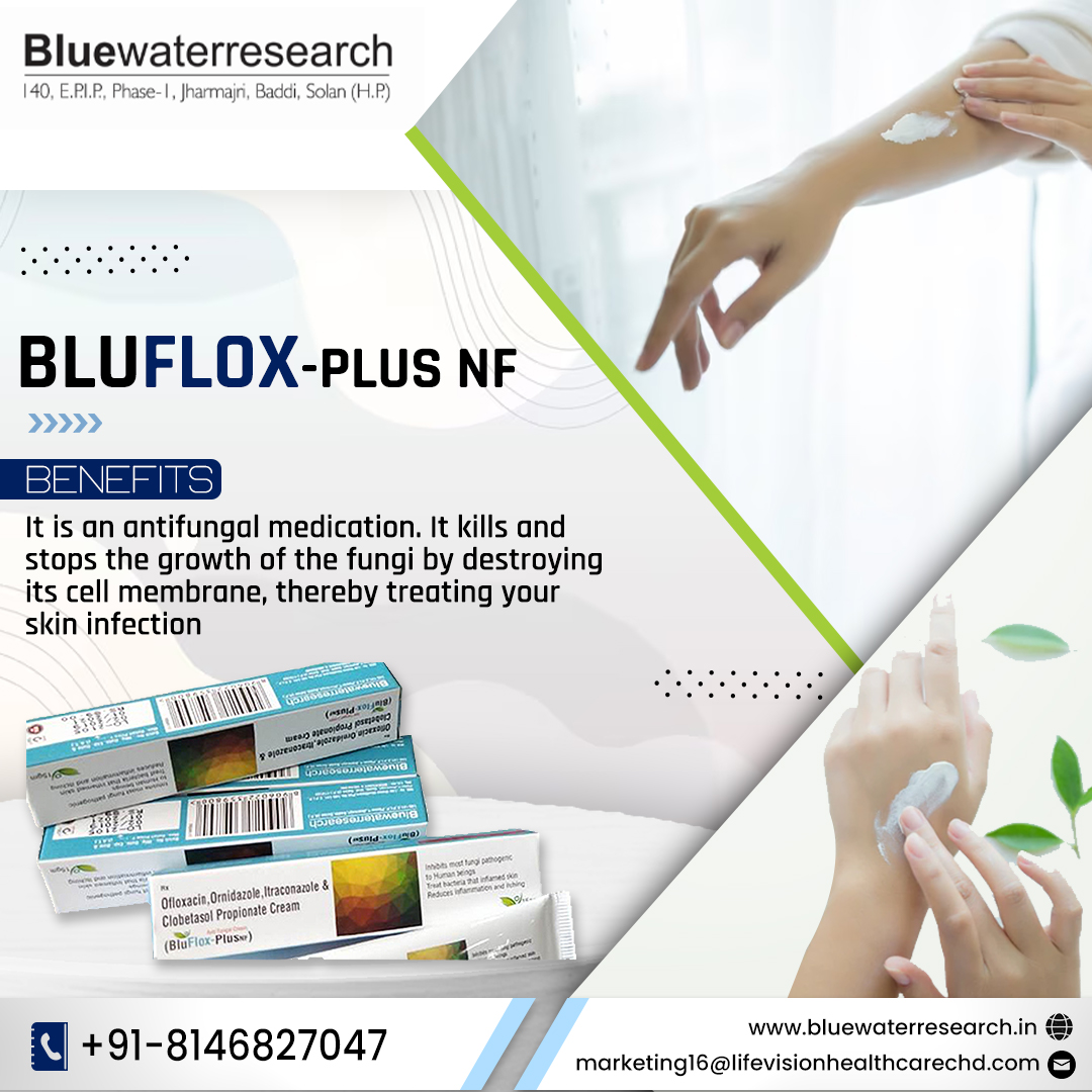 Bluflox-Plus NF Ointment by Blue Water Research 
#franchiseopportunities #pharmacy #ointment #antifungal #PharmaFranchise #skininfection #franchise #PharmaBusiness #skincare #healthcare #pharmafranchisecompany #skincareproducts #topharmacompany #fungaltreatment