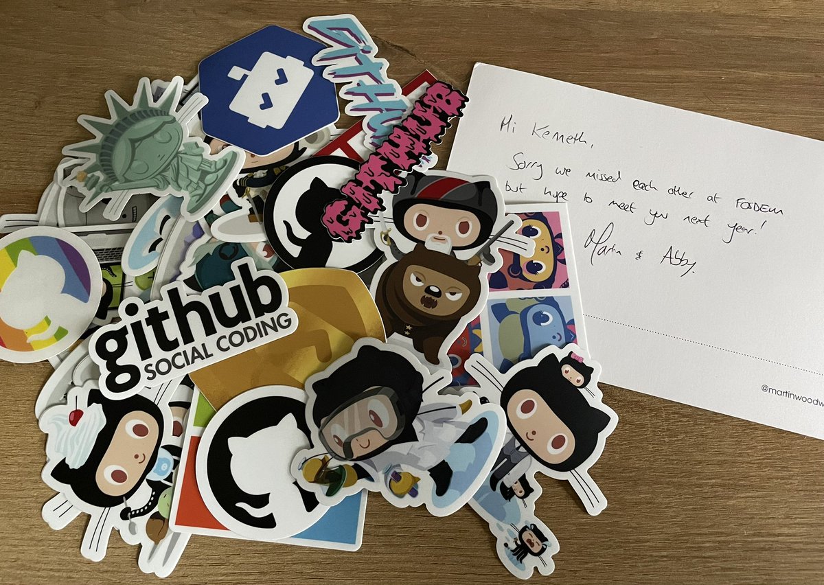 kehoste's tweet image. Awesome surprise in the mail this morning: a pretty large stash of @GitHub stickers, graciously provided by @abbycabs and @martinwoodward, after I failed to score some stickers like this at #FOSDEM…
Looks like they were travelling in the mail for ~6 weeks 😂
#stickerlove