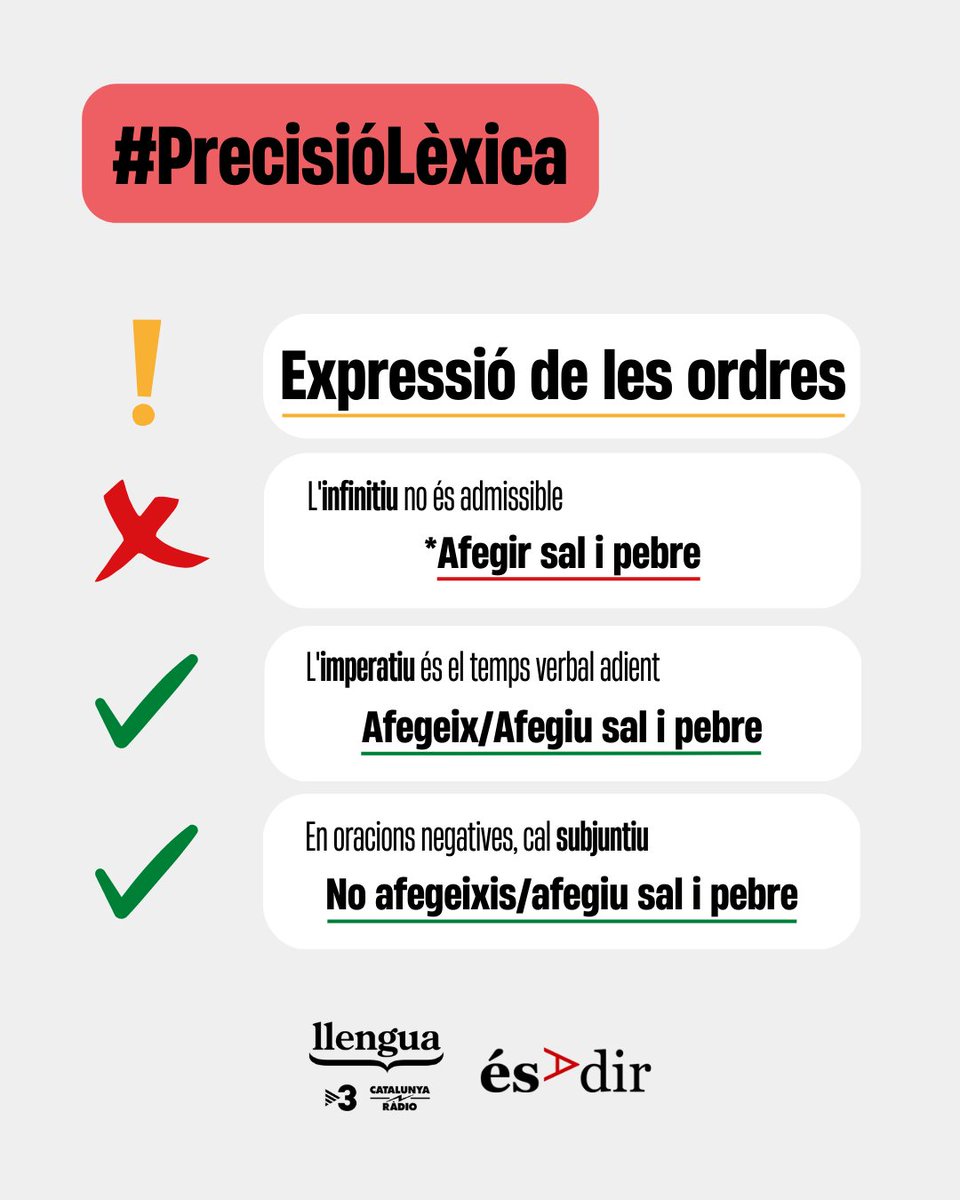 LlenguaTV3CR's tweet photo. ⏳ Avui, els temps verbals adients per expressar ordres. L'infinitiu és d'ús restringit👇
1⃣ 'Apagar' o 'reiniciar' un dispositiu
2⃣ En informal: 'Haver-m'ho dit ahir!'
3⃣ Infinitiu precedit de 'a': 'A callar tothom!'
🔗https://t.co/nLNM0eEZv9
#LlenguaTV3CatRàdio #Sintaxi https://t.co/9N1kZ1G284
