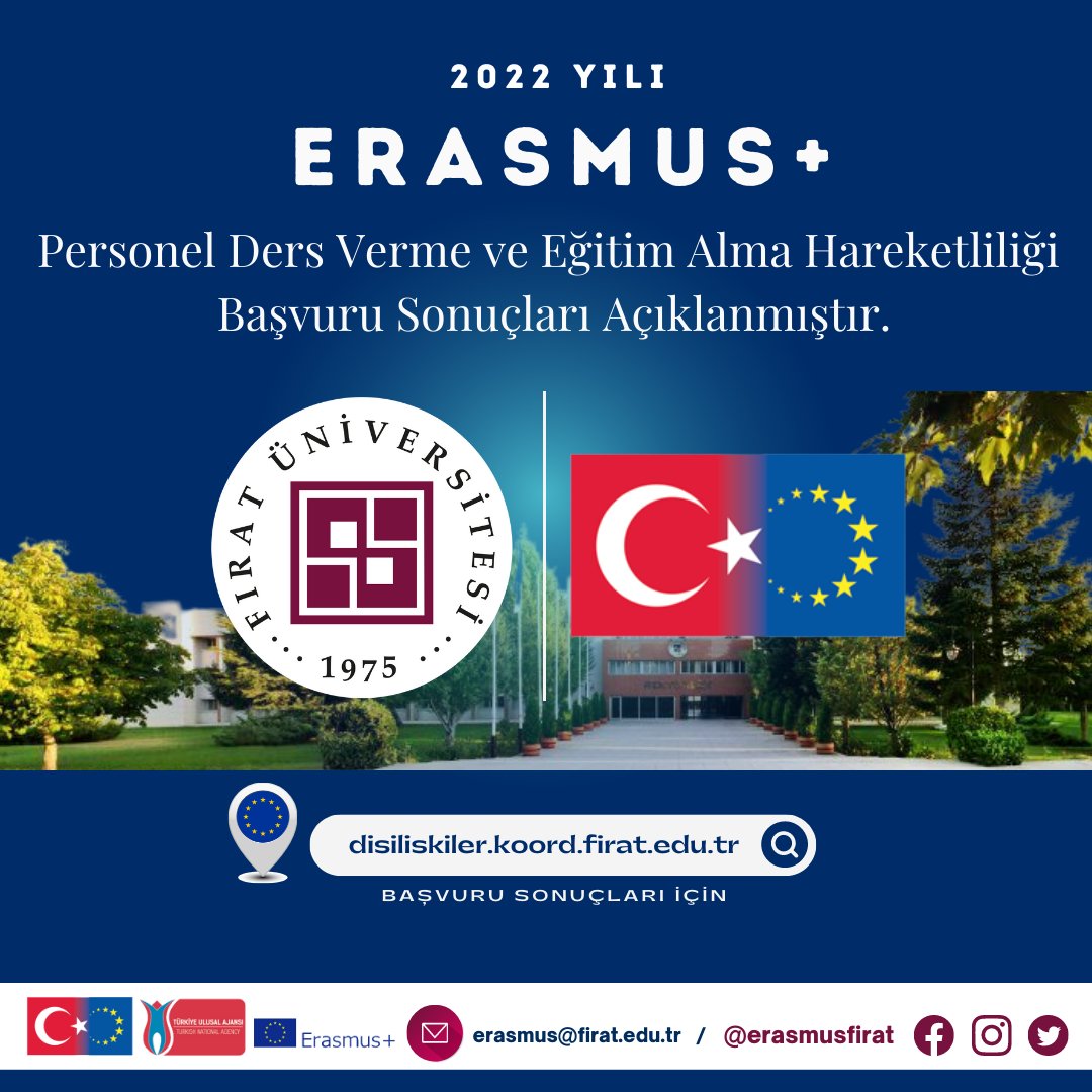 2022 Yılı Erasmus+ Personel Ders Verme ve Eğitim Alma Hareketliliği Başvuru Sonuçları açıklanmıştır.

Başvuru sonuçları için kurumsal internet sayfamızı ziyaret edebilirsiniz.
disiliskiler.koord.firat.edu.tr

Erasmus+ Personel Hareketliliğine hak kazanan personellerimizi tebrik ederiz.