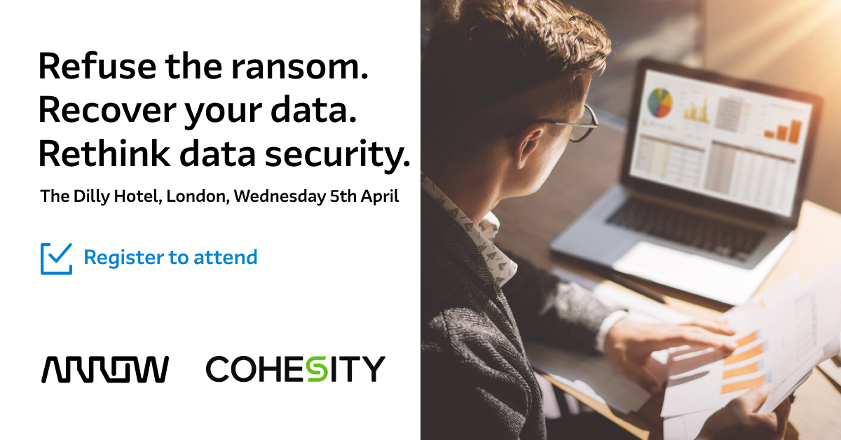 ArrowECS_UK's tweet photo. Join @AWS_UKI, Cisco, @PaloAltoNtwks and @Cohesity in-person at its premier data security summit, #ReConnect.
You'll hear from cyber security experts who are on the front lines of ransomware and learn best practices.
Book your place: https://t.co/OTE6dxqD3s
#BeyondDistribution https://t.co/XTpel9gKCz