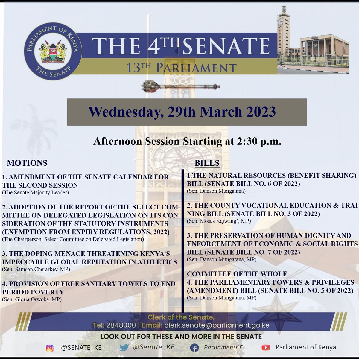 The Senate sits today afternoon at 2.30pm in the Senate Chamber, Parliament Buildings. @gloria_orwoba will be on the mic. Follow the link for a detailed Order Paper  #SenateLive #2ndSession #4thSenate #13thParliament parliament.go.ke/the-senate/hou…