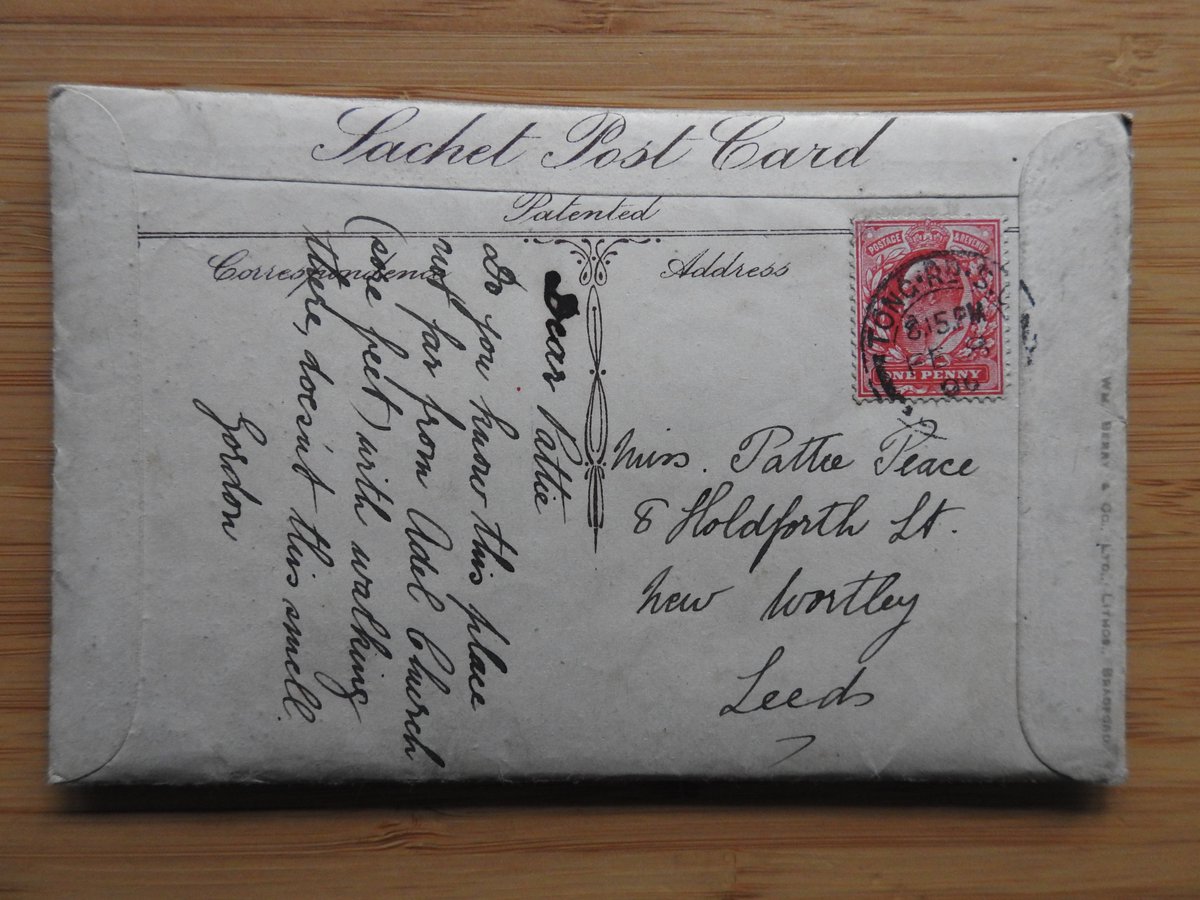 Sachet Post Card by W. Berry and Co of Bradford showing Seven Arches at Adel. Although this is sealed I have another open one and the contents were seeds (which have turned to dust over time due to rattling around inside) Message says 'doesn't this smell?' but it doesn't any more