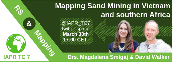 MarcCoru's tweet photo. Hi everybody 🙌

Join our first @IAPR_TC7  Remote Sensing and Mapping chat with @MagdalenaSmigaj and @davidwalker_H2O about the important and challenging problem of mapping legal and illegal sand mining around the world! 

Tomorrow 5pm! Join the scheduled Twitter space ⬇️ https://t.co/gc0pGQKmDN