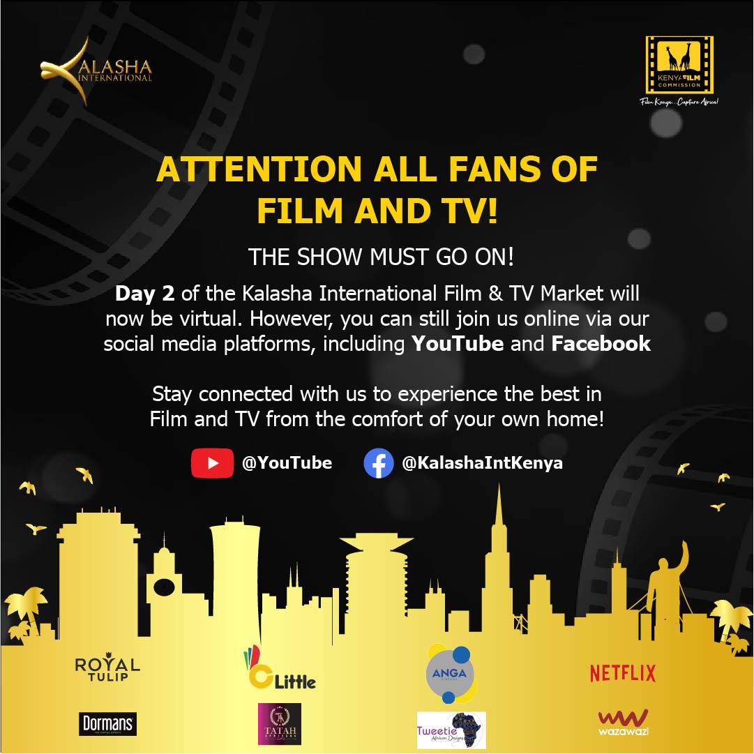KalashaKenya's tweet photo. The show must go on! 🎬🌟 Join us virtually for day 2 sessions of #KalashaMarket2023 tomorrow. Get ready for a day filled with eye-opening workshops, conferences, and networking opportunities on @kenyafilmcomm YouTube channel. See you back at KICC on Friday #KalashaMarket2023 https://t.co/9oSJFpfgep
