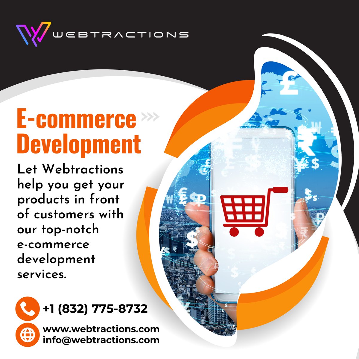 Webtractions1's tweet photo. E-commerce Development
Let @Webtractions help you get your products in front of customers with our top-notch e-commerce development services. 
US Phone: (832) 775-8732 | Email info@webtractions.com | Website https://t.co/Ez6RdyWOUv
#OnlineRetail #Ecommerce #SEO #Digitalmarketing https://t.co/ykO4lcwGdh