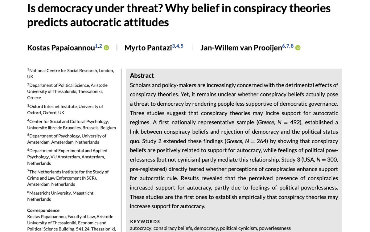 PantaziMyrto's tweet photo. Very happy to announce our new article (with my twiterless co-authors K. Papaioannou &amp; J.-W. van Prooijen) on the (causal) link between conspiracy beliefs and autocratic attitudes.

Full-text: https://t.co/mqwrieDtM4

@PolPsyISPP @easpinfo #ConspiracyTheories #AutocraticAttitudes https://t.co/jEfKiFMreu
