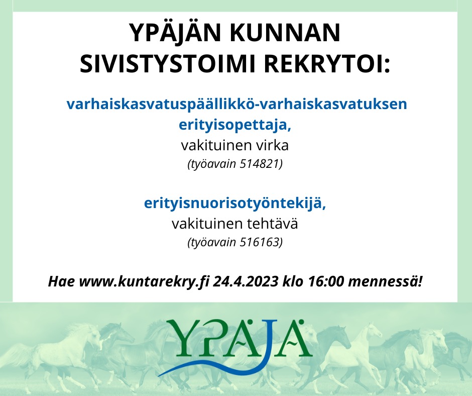 YpajanKunta's tweet photo. Sivistystoimessa haussa motivoituneita ammattilaisia seuraaviin vastuullisiin tehtäviin:

🔹varhaiskasvatuspäälikkö-varhaiskasvatuksen erityisopettaja, vakituinen virka

🔹erityisnuorisotyöntekijä, vakituinen tehtävä

Haku Kuntarekryssä: https://t.co/GBa8lHb89d

#ypäjä #rekry https://t.co/ua9rEour48