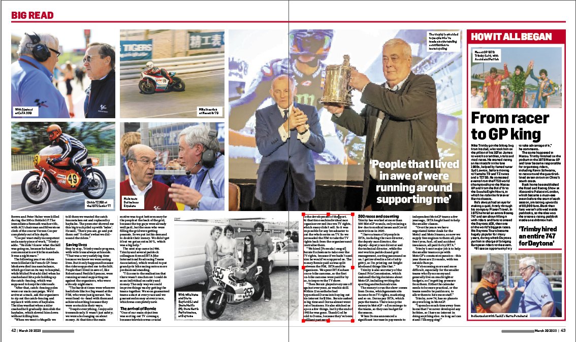 Got a 4-page story in today's <a href="/MCNnews/">Motor Cycle News</a> on Mike Trimby, who was recently awarded the Torrens trophy at the <a href="/RoyalAutomobile/">Royal Automobile Club</a> for his tireless work in MotoGP over the last four decades. His is an amazing story of racing, fighting for rider safety &amp; organising GP racing 👏👏👏