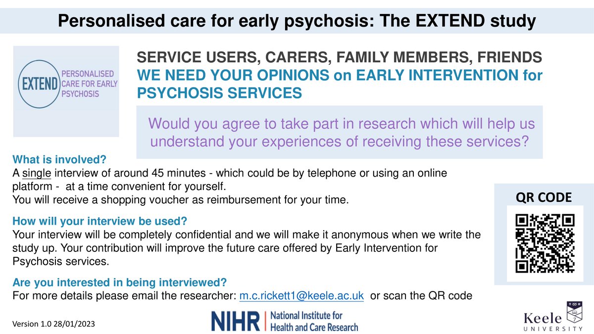 We're excited to share the work of Michelle Rickett, a Research Associate at Keele University, who is involved in the @EXTENDEIP research programme on early intervention in psychosis care. Find out more below! #EXTENDStudy #EarlyIntervention #PsychosisCare #ServiceUserExperience