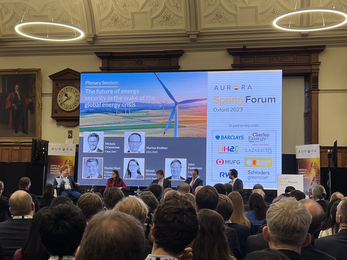 First panel at the #auroraspringforum featuring <a href="/RWE_AG/">RWE AG</a>’s Markus Krebber, <a href="/Shell/">Shell</a>’s Sinead Gorman, <a href="/EnelGroup/">Enel Group</a>’s Michele Crisostomo and Hunt Energy’s Hunter Hunt, discussing the links between decarbonisation and energy security.