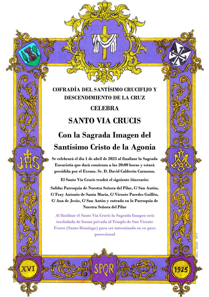 CDescendimiento's tweet photo. Durante los días 30 y 31 de marzo y el día 1 de abril celebramos el acto de veneración al Santísimo Cristo de la Agonía en la Parroquia de Nuestra Señora del Pilar a las 20:00 horas.
El día 1 de abril se celebrará el Santo Vía Crucis por las calles de la feligresía. https://t.co/laPO3KfUUo