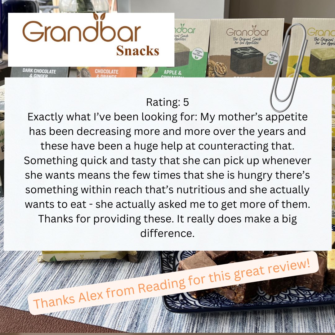 Grandbarsnacks's tweet photo. Great reviews are not just an ego boost at Grandbar Snacks, they mean that we have genuinely helped another family in a critical situation. #lowappetite #nutrition #elderly #buildup #Gloucestershire #dementia #snacks @dementiadoula https://t.co/PPs1TEwvwN