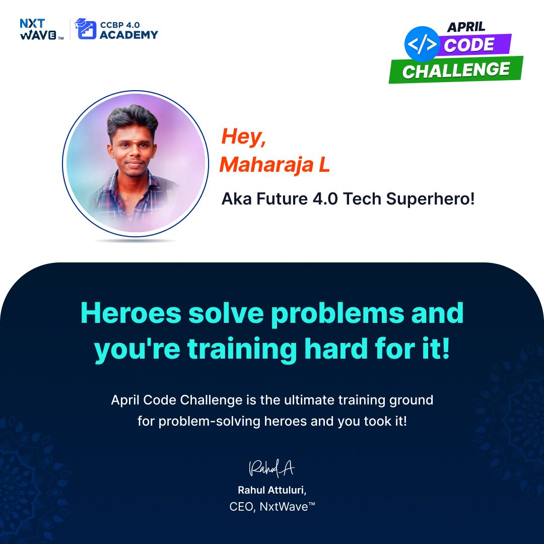 Maharajal36's tweet photo. Yes ! I'm thrilled for April Code Challenge. 🏆🏅

🙂 The most important thing to note is that your competition journey is a process, not an endpoint. 

👍 My best wishes to all those competing with me. 😉

#Aprilcodingchallenge #coding #nxtwave
#ccbpacademy #rahulattuluri https://t.co/PN2Y2W8Et1