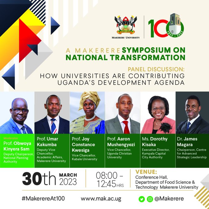 Happening tomorrow 30th March 2023 : Conference among panelists to discuss the relevancy of Universities on Contributing on Uganda's Development Agenda at Makerere Conference Hall.
Don't Miss: 8pm
#MakerereAt100 @MoICT_Ug