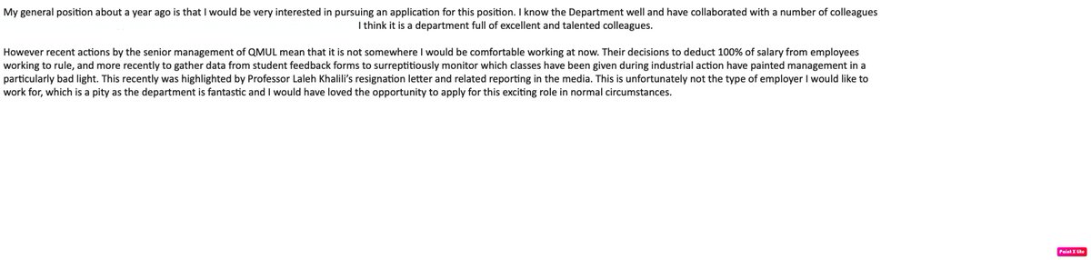 As is common in higher education I was recently contacted by a recruitment agency in regard to a recently advertised role at @QMUL. I replied as attached and I would encourage anyone thinking of applying for a position at QMUL to reply similarly.