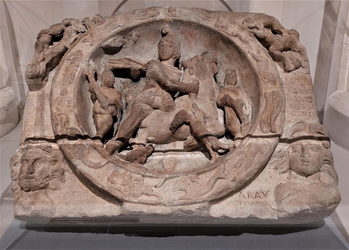 #ReliefWednesday
Mithras slaying the bull, with help from dog, scorpion and snake. 3rd C, from London Mithraeum.
Inscription notes Ulpius Silvanus veteran of 2nd Augustan legion paid his vow and was initiated in Orange.
<a href="/MuseumofLondon/">MuseumofLondon</a> as was. Pity about shadow line...