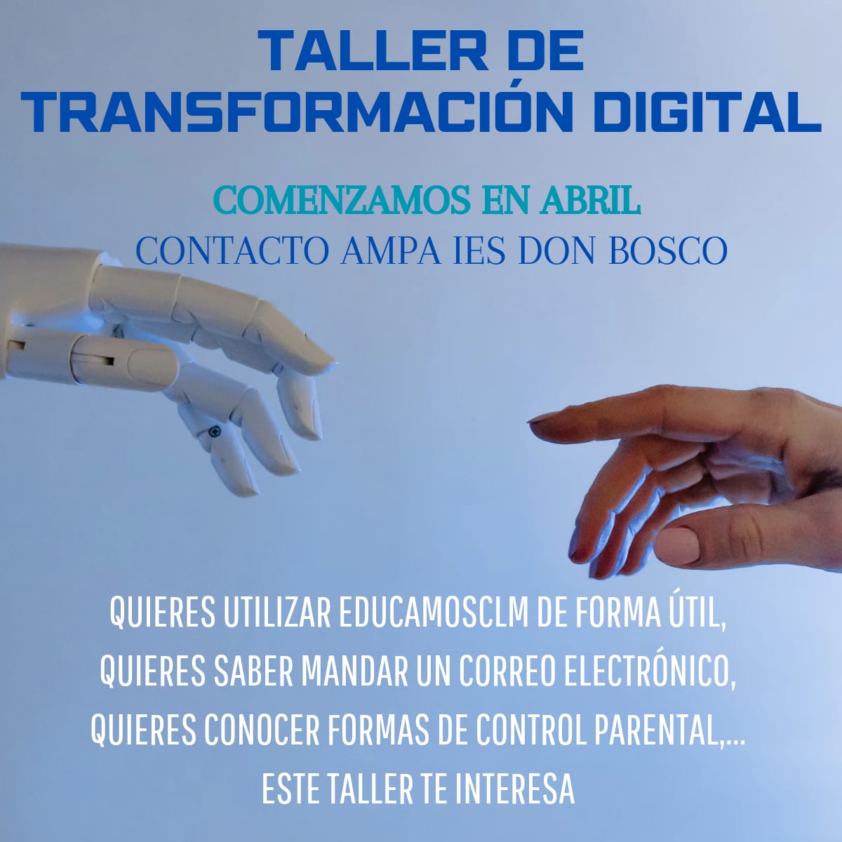 Desde el AMPA del instituto nos ofrecen un interesante taller para aprender a utilizar las herramientas digitales relacionadas con la educación y el control parental. Os esperamos a todos!!! 😃