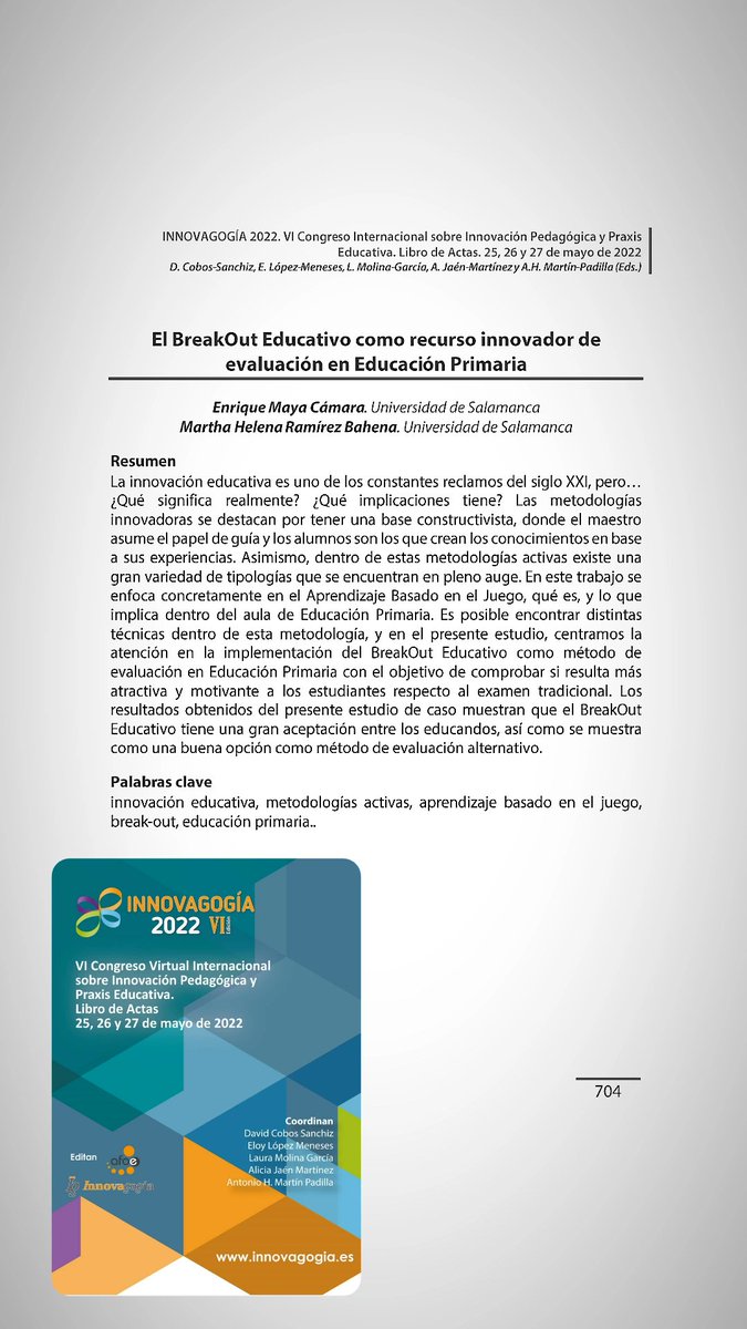 Kikemayacamara's tweet photo. Maya-Cámara, E., &amp; Ramírez-Bahena, M. H. (2022). El BreakOut Educativo como recurso innovador de evaluación en Educación Primaria. VI Congreso Internacional sobre Innovación Pedagógica y Práxis Educativa. Muy feliz de su publicación 😊 https://t.co/9ilak2JJ3C
