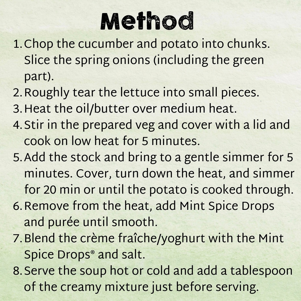 This cucumber &amp; mint soup recipe makes for the crowd-pleasing light lunch or starter in any restaurant. Swipe for the recipe, and be sure to use our catering size Mint Spice Drops if you're a chef wanting to serve this scrumptious soup! 🥒🌿⁠

holylama.co.uk/collections/sp…