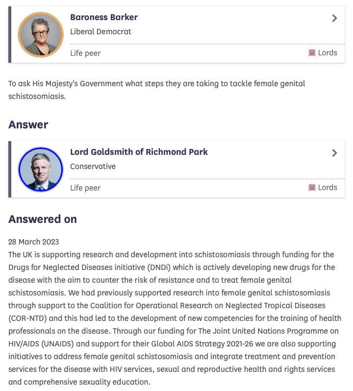 Co chair <a href="/LizBarkerLords/">Liz Barker</a> has received the following <a href="/ZacGoldsmith/">Zac Goldsmith</a>

It’s encouraging to see funding for Neglected Diseases initiative which is actively developing new drugs to counter the risk of resistance &amp; to treat female genital schistosomiasis