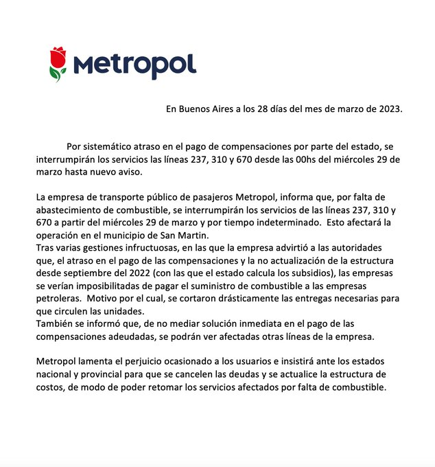 DayLombardi's tweet photo. Colectivos 🚌
@Metropol_ar suspendió los servicios de las #Linea237 #Linea310 y #Linea670
Explican que es por falta de combustible ⛽".
💵 También argumentan que el atraso en el pago de subsidios es uno de los motivos https://t.co/7Jko21jfC5