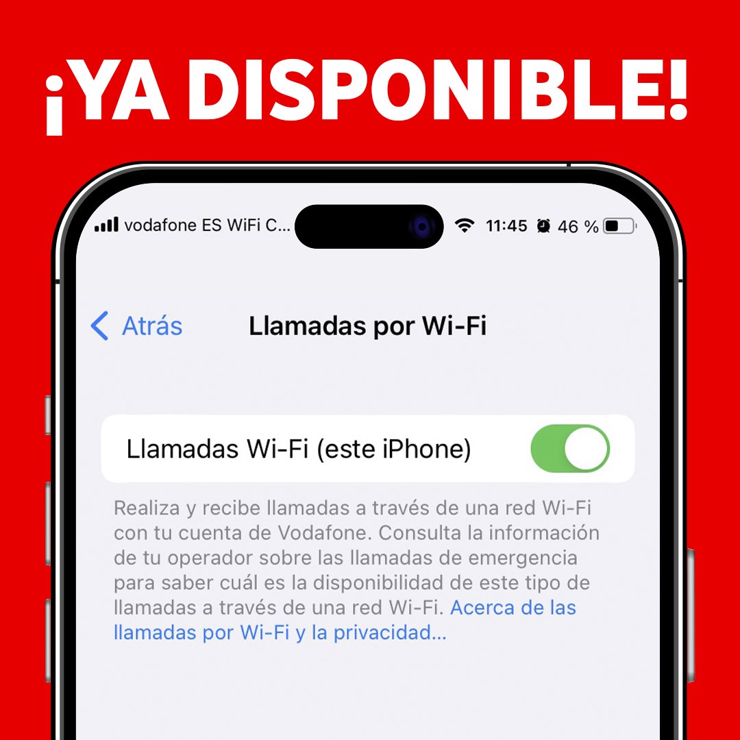 vodafone_es's tweet photo. 🔴 Los clientes de Vodafone con iPhone y Apple Watch ya pueden disfrutar de llamadas por WiFi. 

🔃 Actualiza a iOS 16.4
📲 Ajustes>Datos móviles>Llamadas por WiFi https://t.co/YV7U45esey