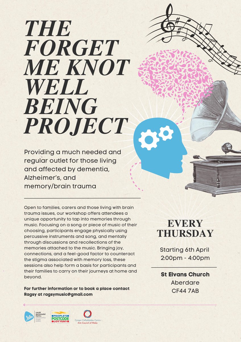 CMW_CGC's tweet photo. The Forget Me Knot Well Being Project

Providing a much needed and regular outlet for those living and affected by dementia, Alzheimer’s, and memory/brain trauma.

EVERY THURSDAY
Starting 6th April
2:00pm - 4:00pm
St Elvans Church, Aberdare

@PPLComms @PostcodeLottery @Ragsy78 https://t.co/JWJjzQlnRO