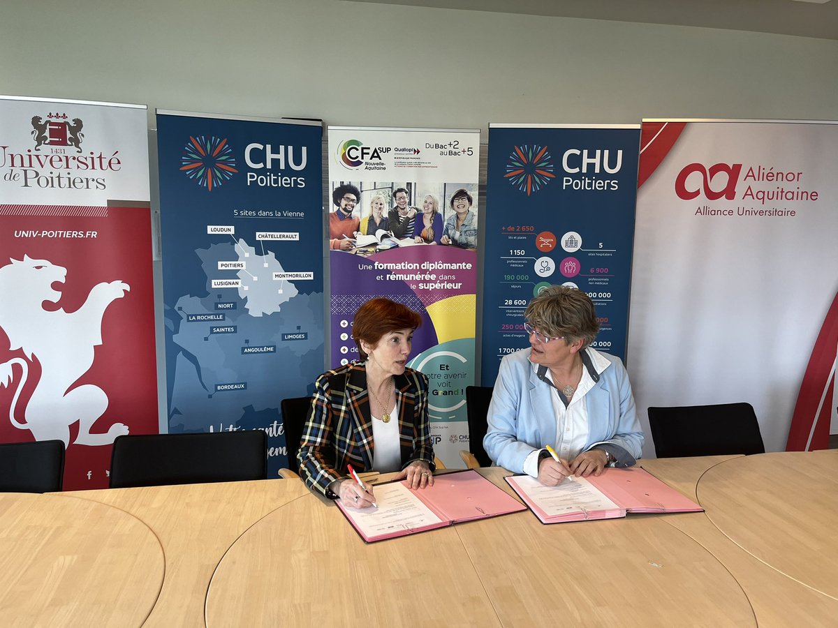 🤝Le @CHU_de_Poitiers rejoint l’@UnivPoitiers au sein du #CFASupNAq présidé par @virginie_laval. ➡️La structuration du site universitaire de #Poitiers se poursuit, ici pour l’#apprentissage. 🧑‍🎓Sur 1800 apprentis, 500 seront à la prochaine rentrée dans le domaine de la #sante.