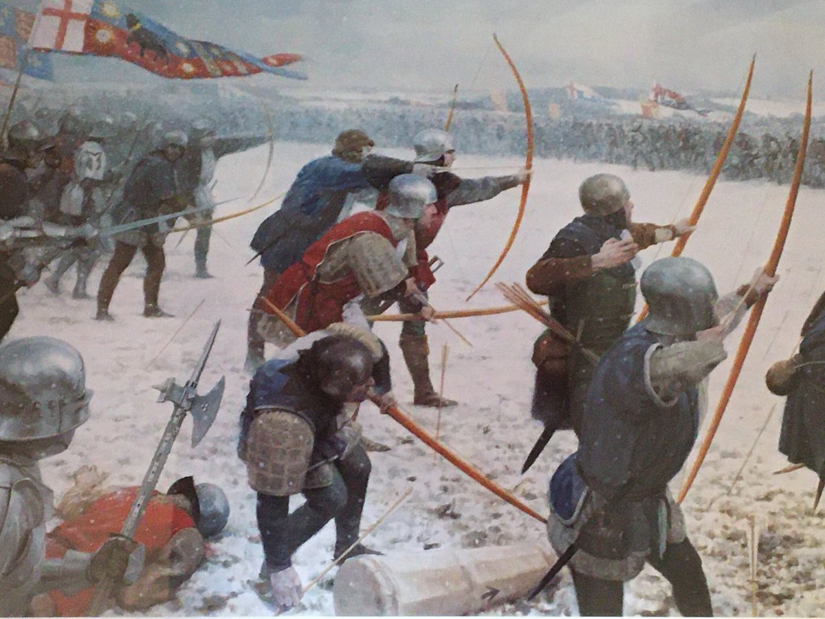 Fauconberg, the 💯 Years War veteran, orders the Yorkist archers to  shoot a single volley and retreat. He capitalises on the weather and the response from Henry’s forces sees their arrows fall 40 yards short of their 🎯.