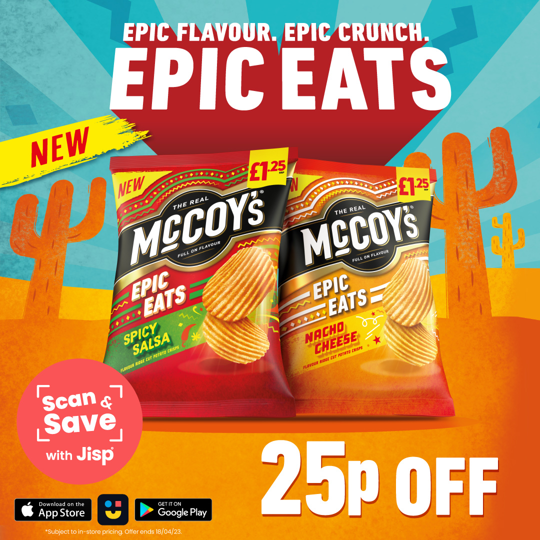 NisaLocalAshley's tweet image. Save 25p on these all new McCoy's Epic Eats, grab a pack for only £1.00 each thanks to @jispapp! Great savings on tasty treats and everyday essentials all thanks to #Jisp #ScanAndSave, download the free app and start saving today!