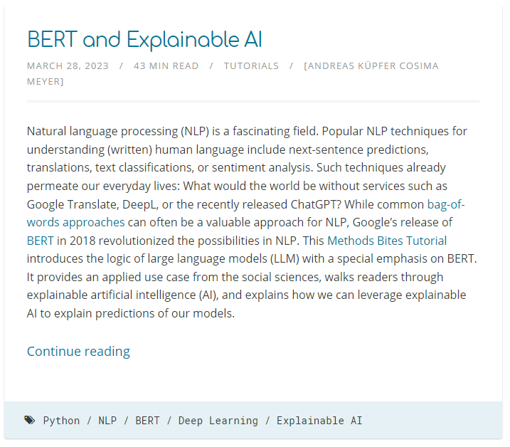 @mzes-ssdl.bsky.social (@mzes_ssdl) on Twitter photo 🚨 Content alert
🆕 We have a new Methods Bites Tutorial by <a href="/ankuepfer/">Andreas Küpfer (@ankuepfer.bsky.social)</a> & @cosima_meyer
▶️ BERT and Explainable AI
📄 Blog post: mzes.uni-mannheim.de/socialscienced… 🚨 Content alert
🆕 We have a new Methods Bites Tutorial by <a href="/ankuepfer/">Andreas Küpfer (@ankuepfer.bsky.social)</a> & @cosima_meyer
▶️ BERT and Explainable AI
📄 Blog post: mzes.uni-mannheim.de/socialscienced…