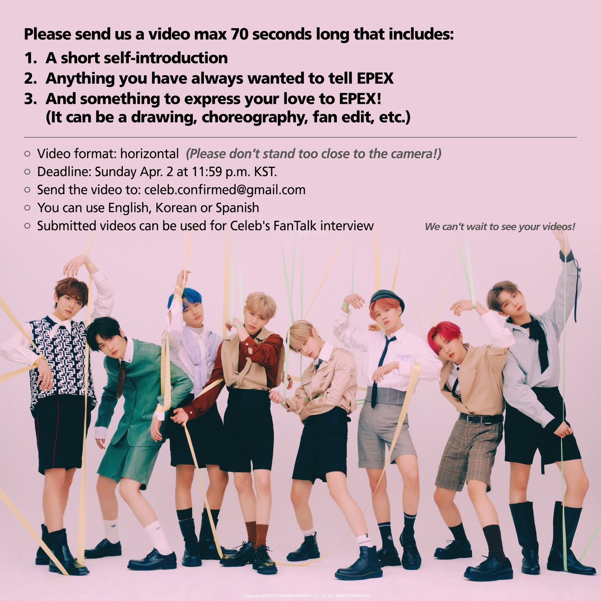 CelebConfirmed's tweet photo. [FanTalk with #EPEX] 
#ZENITH! This is your chance to express your love to #EPEX!😯

We will be selecting a few videos made by fans to show them to the members during our FanTalk interview!

For anyone who wishes to participate, please follow the guidelines below.
@by_EPEX https://t.co/Nt9RRPiJMc