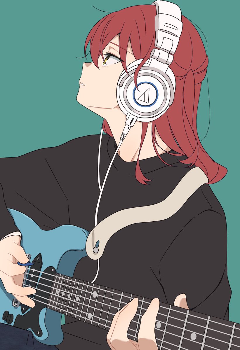 1girl instrument guitar solo headphones shirt black shirt  illustration images