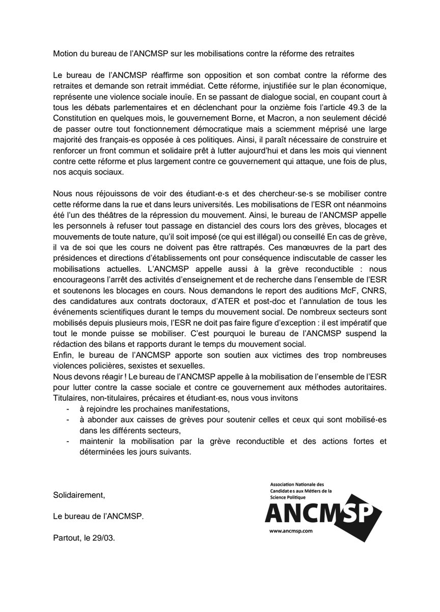 Motion du bureau de l'ANCMSP sur les mobilisations actuelles contre la réforme des retraites !