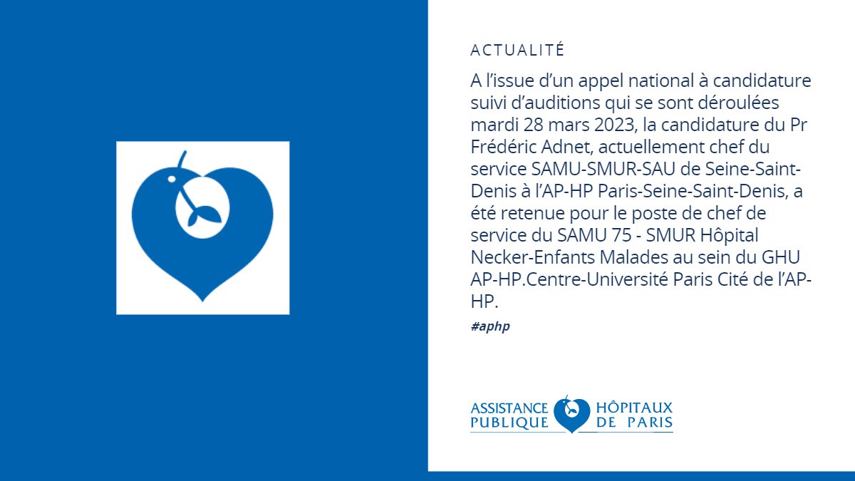 APHP's tweet image. Le Pr Frédéric Adnet succédera au Pr Pierre Carli à la tête du SAMU 75 – SMUR Hôpital Necker-Enfants Malades AP-HP 
aphp.fr/contenu/le-pr-…