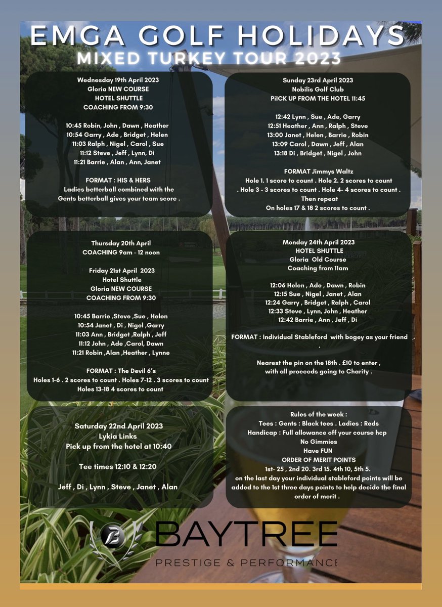 Only 20 days to go until we host 10 mixed couples at the fantastic 5 star <a href="/GloriaHotels/">Gloria Hotels & Resorts</a> Verde resort in Belek Turkey 🇹🇷 ☀️⛳️

In association with <a href="/BaytreeCarsLtd/">Baytree Cars Ltd</a>