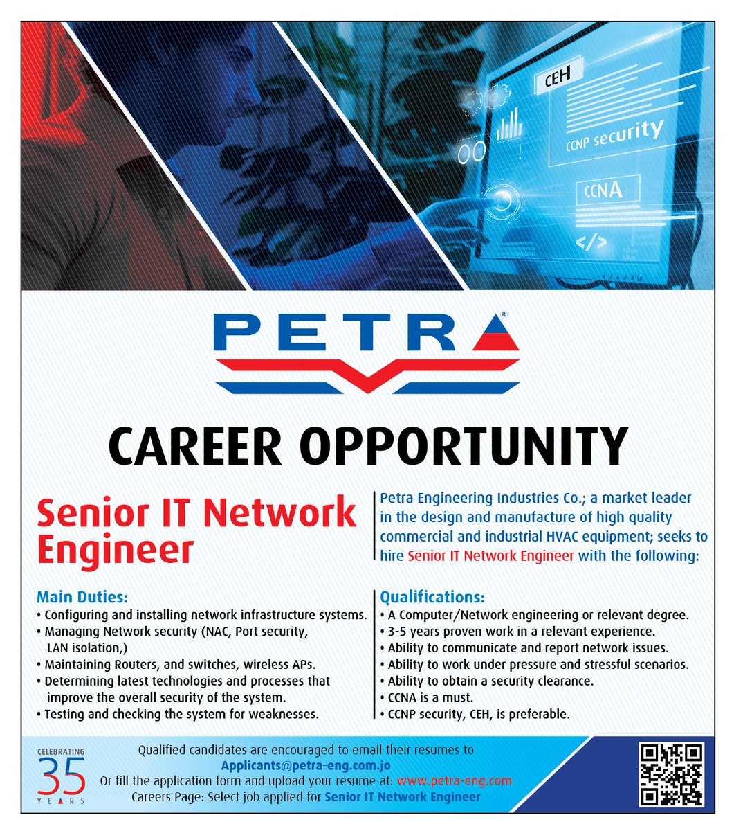 Career Opportunity
Senior IT Network Engineer
Petra Engineering Industries Co.; a market leader in the design and manufacture of high quality commercial and industrial HVAC equipment; petra-eng.com
#PetraEngineeringIndustriesCo #petraengineering #petra #Career