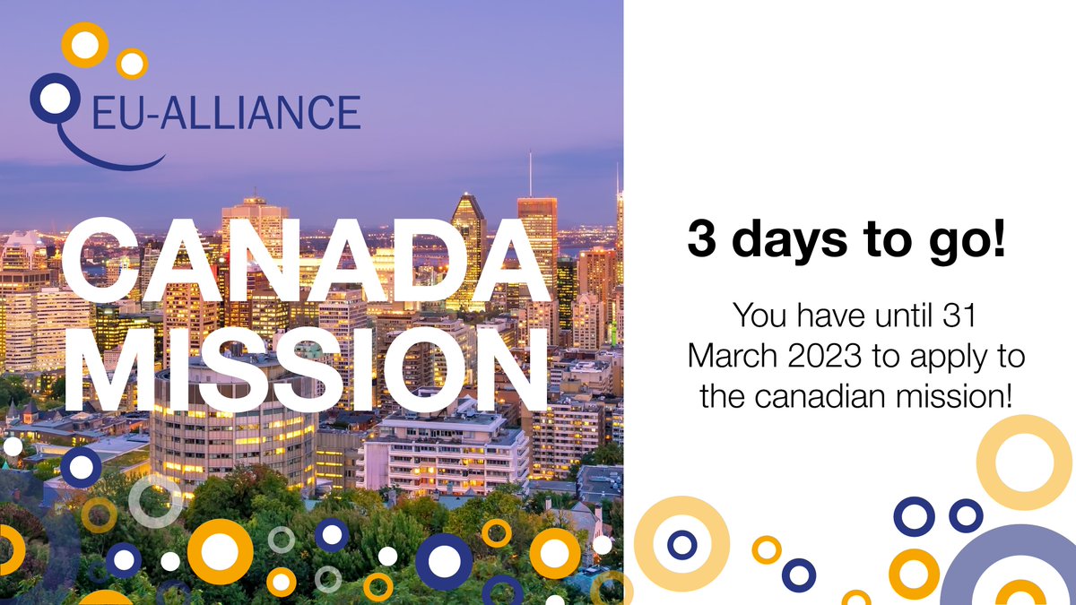 Just under 3 days to go!

📣Mission to Canada : 3 days to enter the #security and #defence market !
You have until 31 March 2023 to apply to the canadian mission. 

👉 Brochure and application :
lnkd.in/eZzmgM57

👉 More information: lnkd.in/e73PhVP3

#eu #alliance