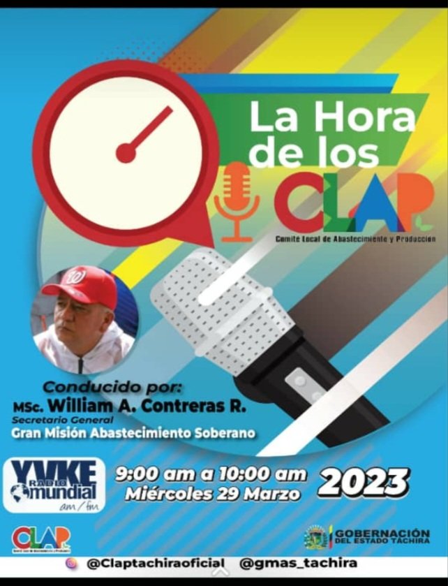 claparquemaldo2's tweet photo. No te pierdas tú programa "La Hora de los Clap" 🎙️por
@YvkeTachira
94.5FM, conducido por el MSs Wuilliam Contreras, ahora producimos radio.
#MisionAlimentacion
#Venezuela
#SomosClap
@NicolasMaduro
@FreddyBernal
@LealTelleria
@Tachira_Clap
@GMAStachira https://t.co/eGDrQjFU1t