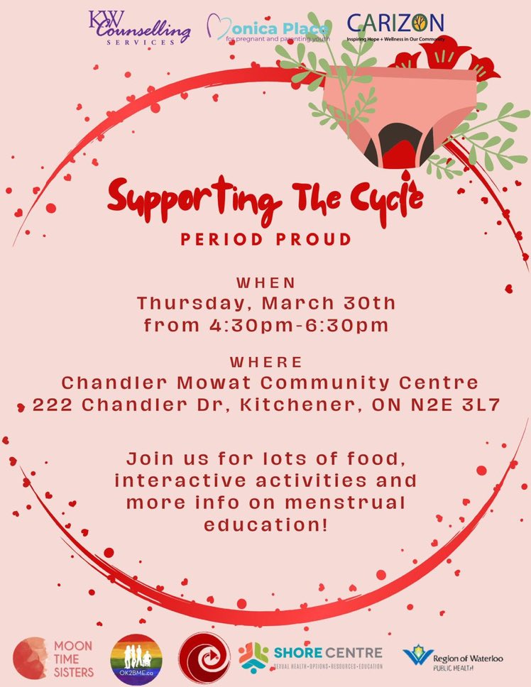 Excited to collaborate with @SHORECentreWR @OK2BMEca #MoonTimeSistersON & @ROWPublicHealth at @Carizon ‘s Supporting the Cycle - Period Proud  
#MenstrualEquity #PeriodPositive