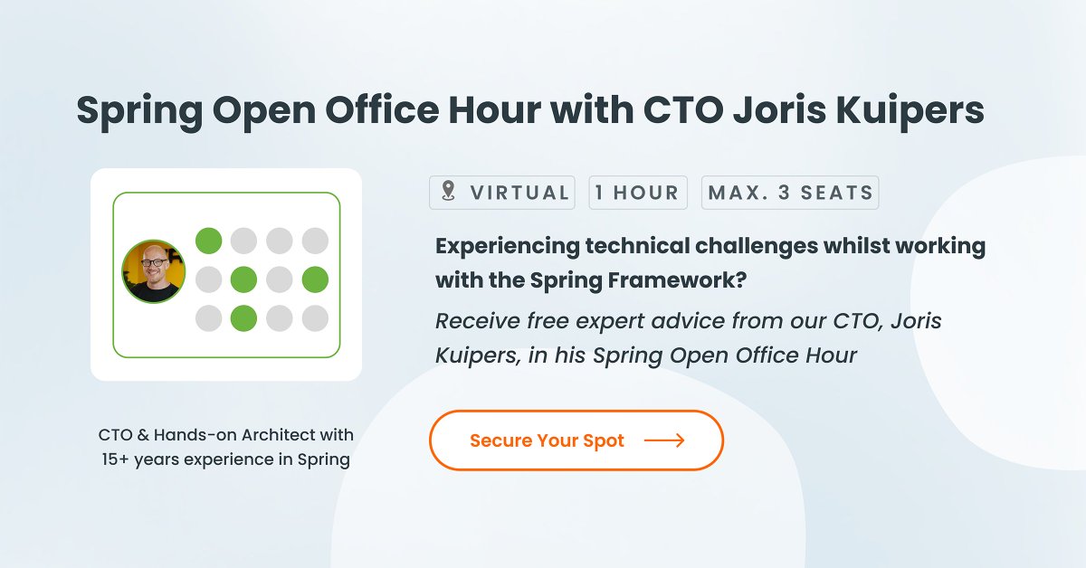 Trifork Amsterdam (@triforkams) on Twitter photo Only two seats left for <a href="/jkuipers/">Joris Kuipers</a> virtual Spring Open Office Hour next Monday at 13:00 CEST.
Bring your Spring related challenge to this closed door session and receive free technical guidance.
Register now 👉 info.trifork.com/spring-open-of… Only two seats left for <a href="/jkuipers/">Joris Kuipers</a> virtual Spring Open Office Hour next Monday at 13:00 CEST.
Bring your Spring related challenge to this closed door session and receive free technical guidance.
Register now 👉 info.trifork.com/spring-open-of…