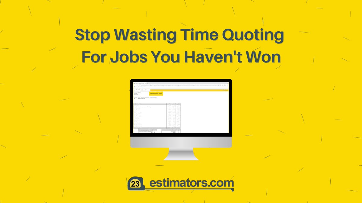 Our online editor allows you to customise your estimate, which you can download in pdf format and submit to your client by email. 

If you don't win the job, you won’t have wasted time converting the estimate into a quote.

Click here to view sample ⬇️
estimators.com/secure/estimat…