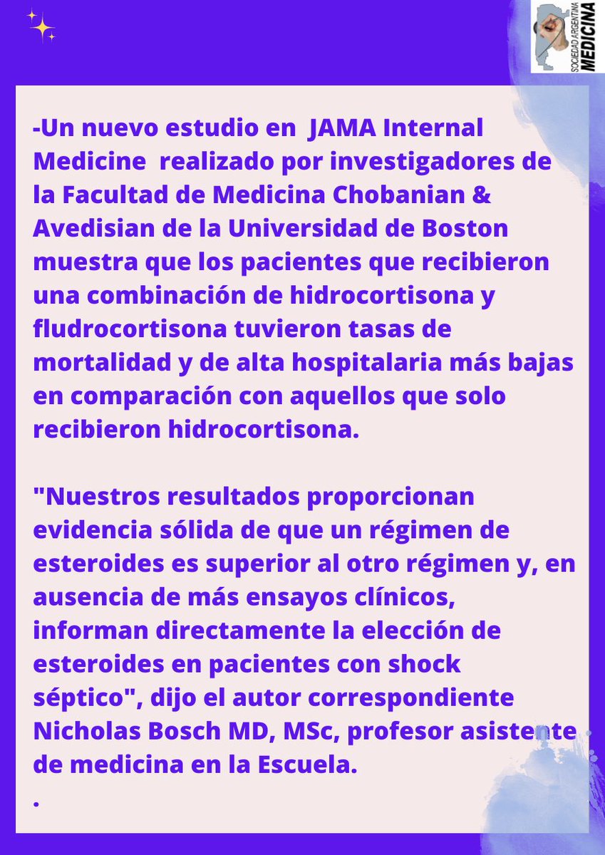 MedicinaSAM's tweet image. Los pacientes con #shockséptico se benefician de hidrocortisona-fludrocortisona
 Los #corticoides no se rienden !!!
En sindromes complejos ▶️ tratamientos combinados
#medicinainterna @SATIarg #MedTwitter @Sociedad_SEMI 
🚩bit.ly/3nttuea
🚩JAMA bit.ly/3Zqh6Zx