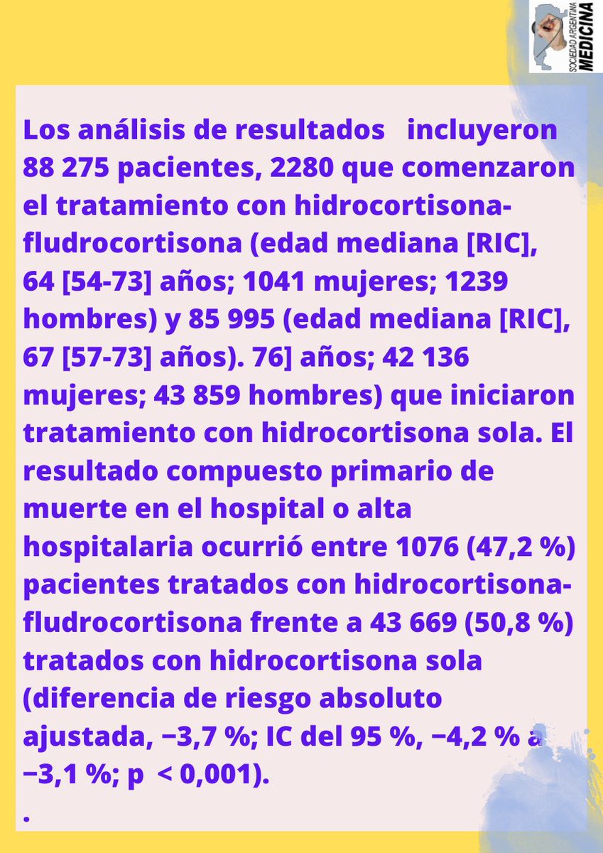 MedicinaSAM's tweet image. Los pacientes con #shockséptico se benefician de hidrocortisona-fludrocortisona
 Los #corticoides no se rienden !!!
En sindromes complejos ▶️ tratamientos combinados
#medicinainterna @SATIarg #MedTwitter @Sociedad_SEMI 
🚩bit.ly/3nttuea
🚩JAMA bit.ly/3Zqh6Zx