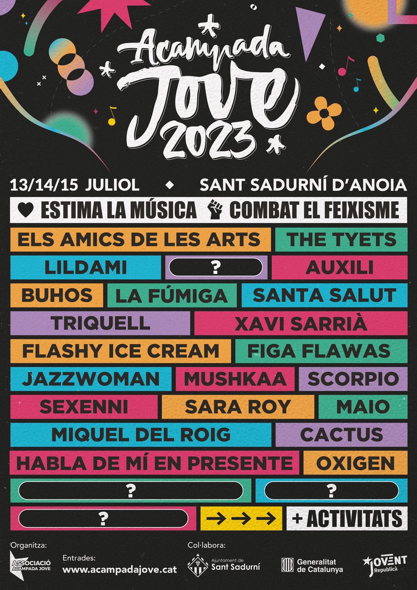 acampadajove's tweet photo. ❤️‍🔥ESTIMA LA MÚSICA, COMBAT EL FEIXISME❤️‍🔥

@amicsdelesarts, @Auxili_Band, @Lildamiboi, @figaflawas, Mushkaa, @MiqueldelRoig i  @technorumba se sumen al cartell de l'Acampada Jove 2023 🤩 #GanesdAcampada 

🎟️Entrades a https://t.co/5exrBzWR9e https://t.co/ytc5OhtjEB